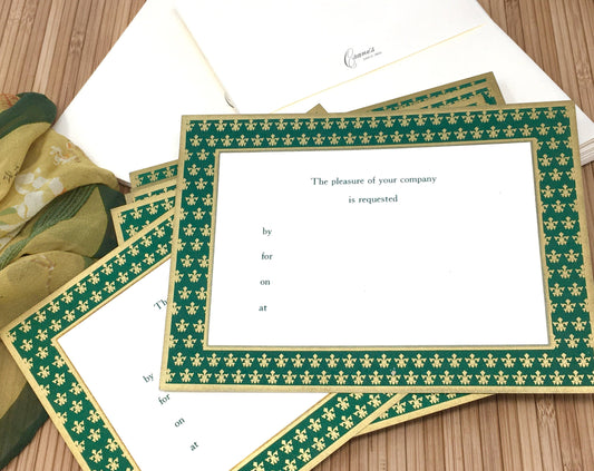 Crane Large Flat Invitations | Green Border Fleur-de-lis