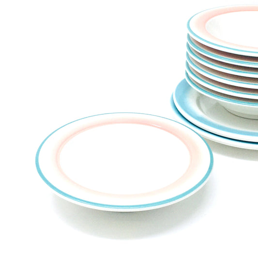 Homer Laughlin, Dessert Bowl, Pink Fade, Turquoise Rim, Restaurant Ware, HLC Best China, East Liverpool Ohio, 1991